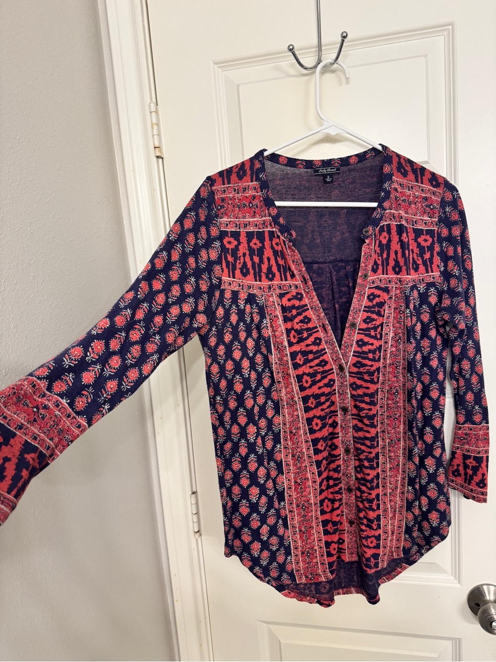 Lucky Brand Red and Navy Printed Long Sleeve V-Neck Top